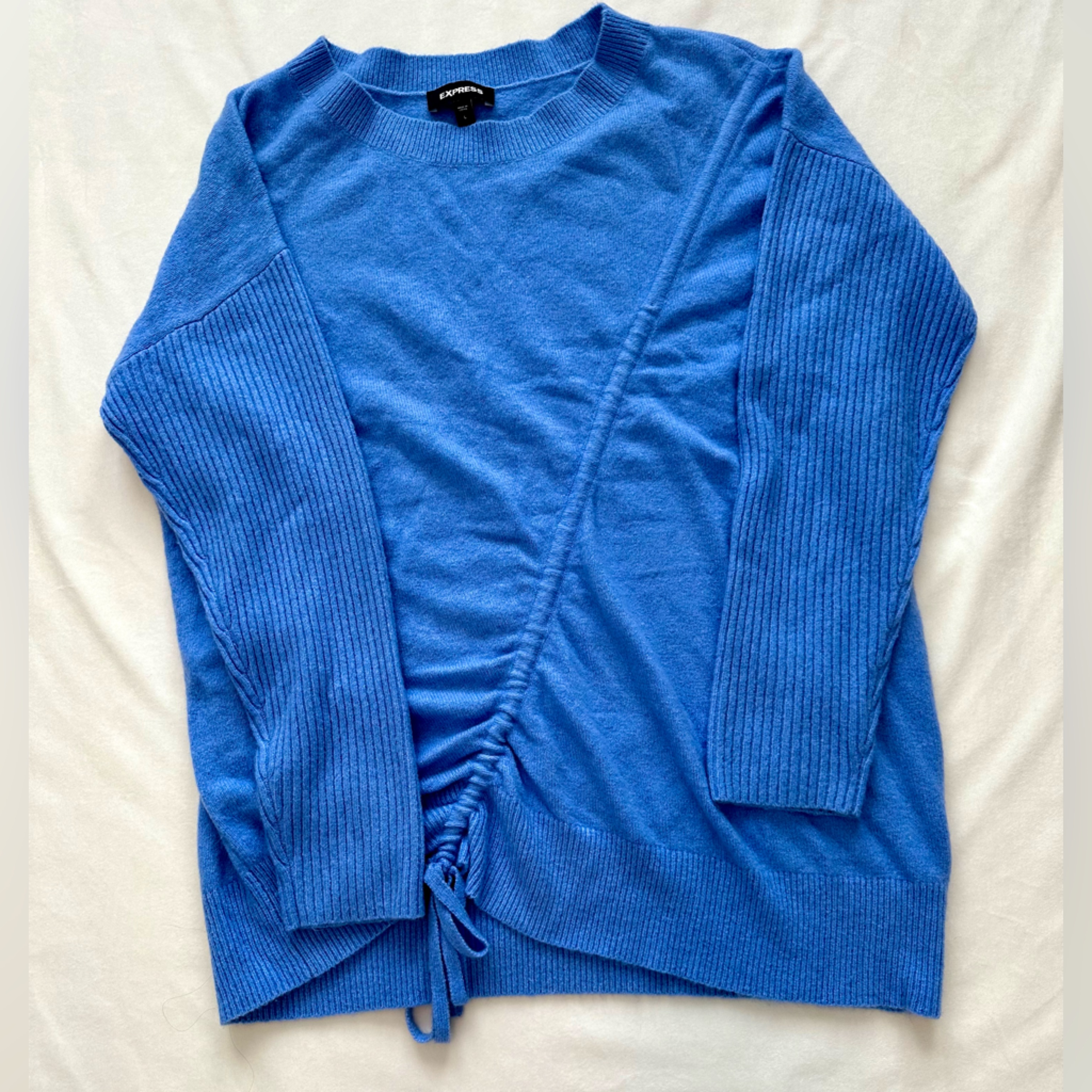 Blue Rouged Drawstring Sweater From Express. Size L